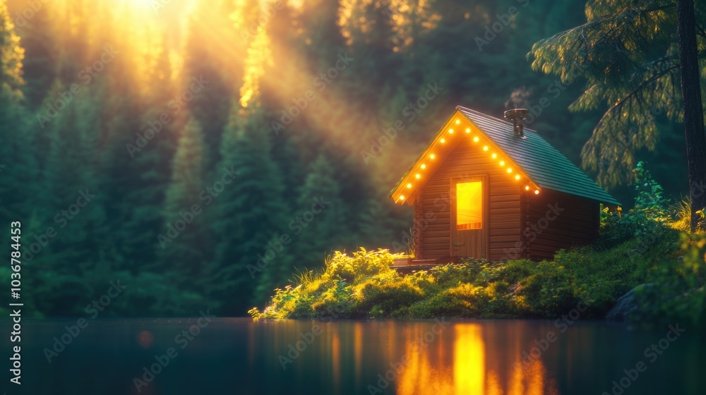 Cozy cabin with warm lights by serene lakeside at dawn in forest setting Cozy cabin with warm lights by serene lakeside at dawn in forest setting