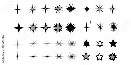 Set of twinkling stars, sparkles and glitters. Vector illustration.