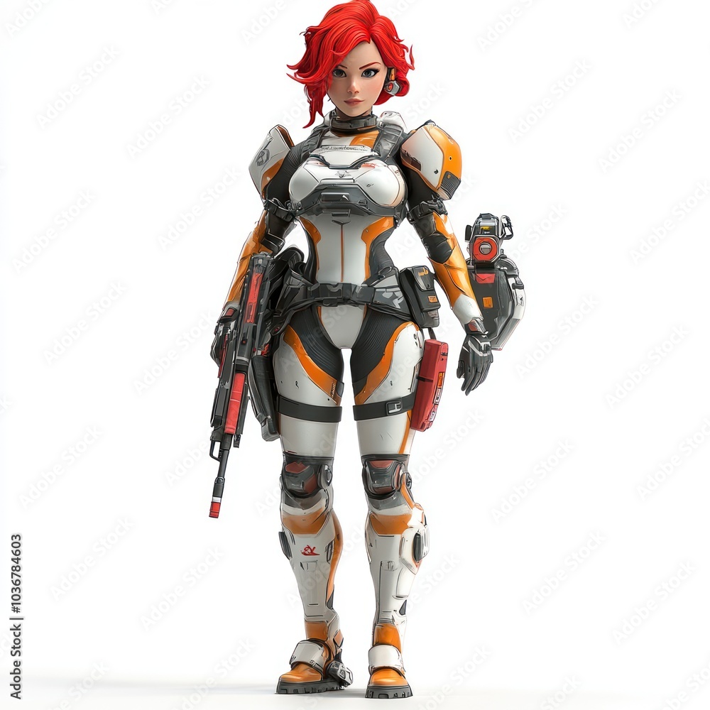 Female Cyborg Warrior in Futuristic Armor with Weapon Female Cyborg Warrior in Futuristic Armor with Weapon