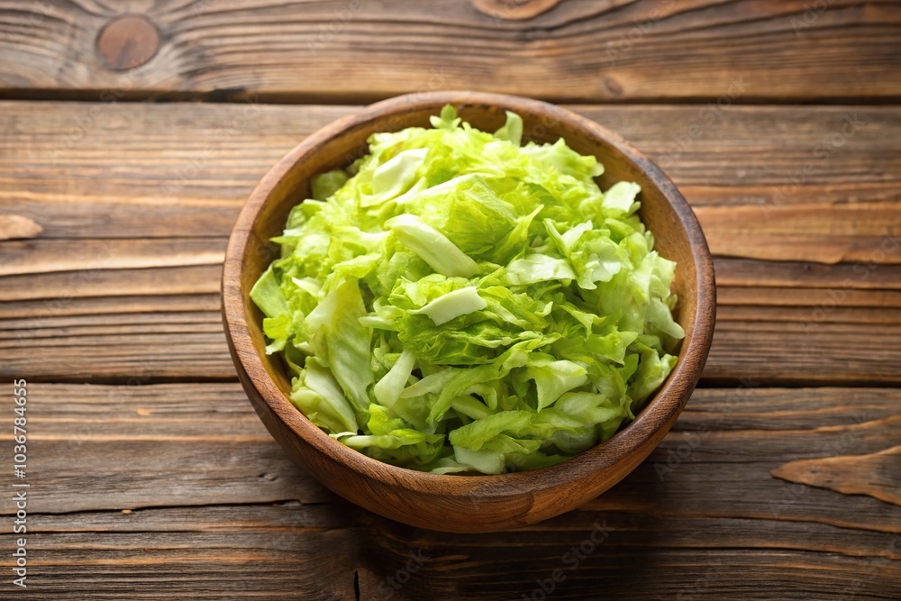 Fresh shredded iceberg lettuce in a wooden bowl high angle shot Fresh shredded iceberg lettuce in a wooden bowl high angle shot