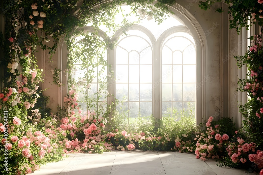 Naklejka premium An enchanting wedding backdrop with lush greenery generative AI