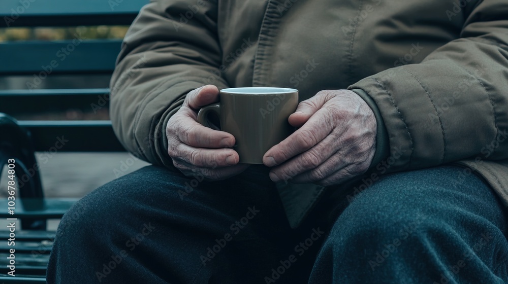 Middle-aged man with slight tremor holding cup of coffee on park bench, symbolizing struggle with Parkinson's disease, calm natural setting. Middle-aged man with slight tremor holding cup of coffee on park bench, symbolizing struggle with Parkinson's disease, calm natural setting.