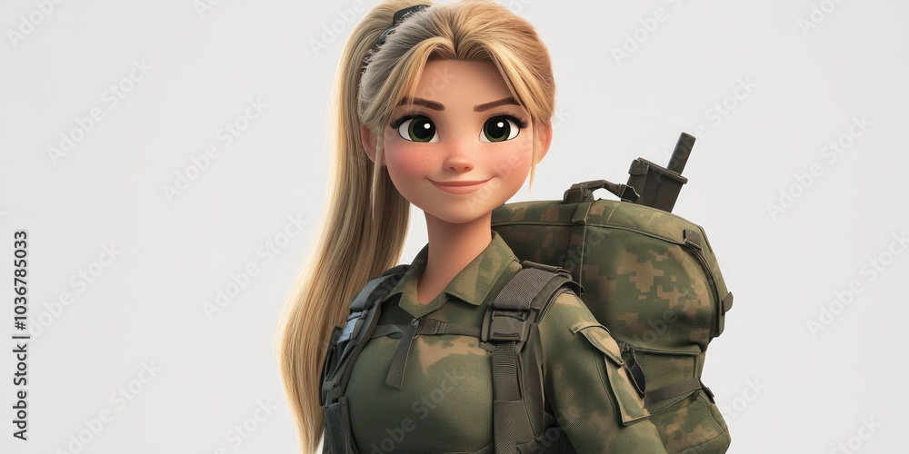 Cartoon Woman in Military Uniform with Backpack Cartoon Woman in Military Uniform with Backpack