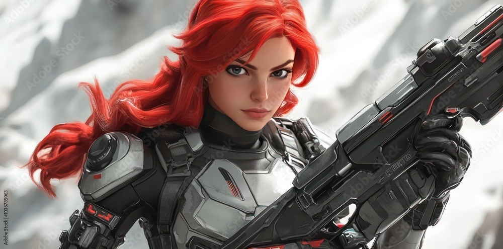 Red-Haired Female Soldier in Futuristic Armor Holding a Gun Red-Haired Female Soldier in Futuristic Armor Holding a Gun