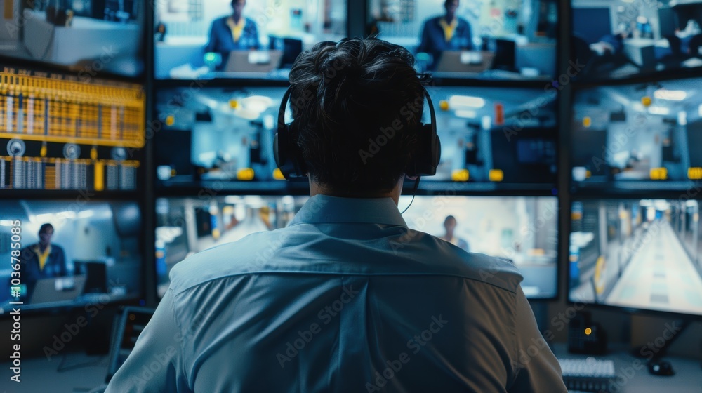 Security personnel with headphones monitoring CCTV, ensuring building safety through communication and inspection in a control room Security personnel with headphones monitoring CCTV, ensuring building safety through communication and inspection in a control room