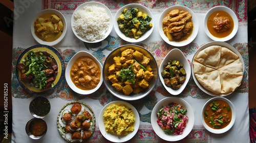 Traditional Vegetarian Indian Spread Captured from Above with a Decorative Tablecloth and Vibrant Dishes