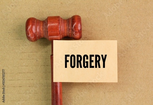 judge's hammer and paper with the word forgery. document, signature, or any other form of representation with the intent to deceive. photo