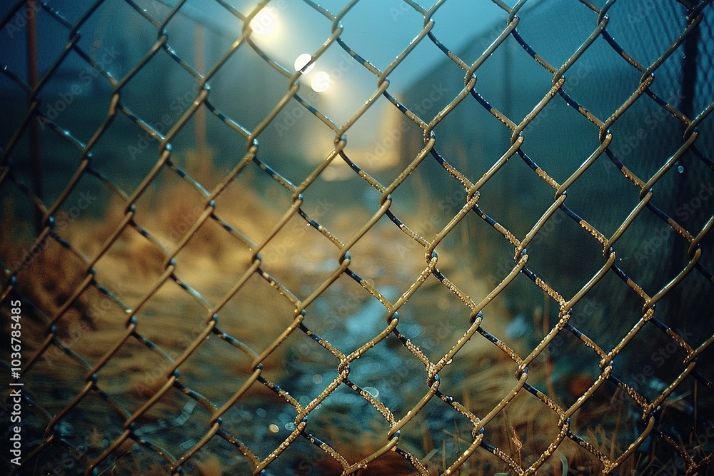 A close-up of a chain-link fence with fog and distant lights, creating a moody atmosphere. A close-up of a chain-link fence with fog and distant lights, creating a moody atmosphere.