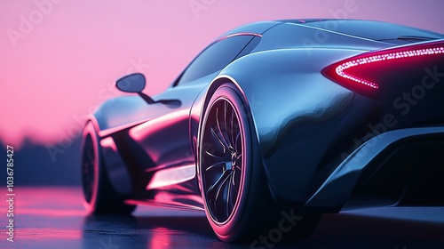 A sleek, modern car captured at sunset, showcasing its elegant curves and vibrant colors, with reflections enhancing its aesthetic appeal.