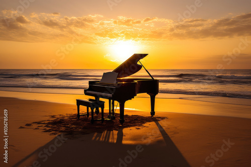 generated illustration grand  piano with sheet music on it, on a beach with waves crashing in the background