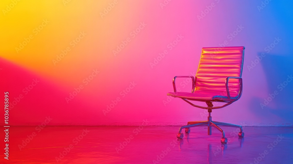 A single office chair in front of a vibrant, colorful wall. A single office chair in front of a vibrant, colorful wall.