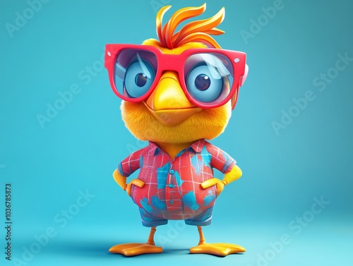 A cartoonish bird wearing oversized glasses and a colorful shirt, featuring bright colors and a lively expression against a teal background. photo