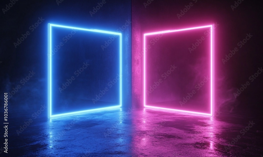 Vibrant neon blue and pink illuminated frames in a dark, misty environment. A striking contrast creating a modern, futuristic atmosphere. Vibrant neon blue and pink illuminated frames in a dark, misty environment. A striking contrast creating a modern, futuristic atmosphere.
