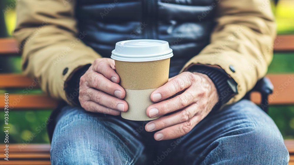 Middle-aged man with slight tremor holding cup of coffee on park bench, symbolizing struggle with Parkinson's disease, calm natural setting. Middle-aged man with slight tremor holding cup of coffee on park bench, symbolizing struggle with Parkinson's disease, calm natural setting.