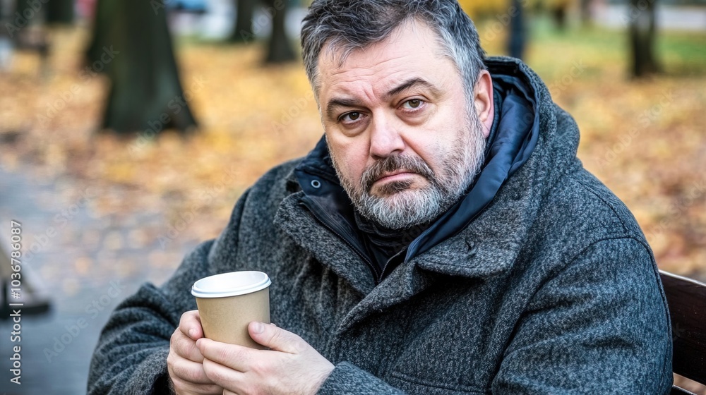 Middle-aged man with slight tremor holding cup of coffee on park bench, symbolizing struggle with Parkinson's disease, calm natural setting. Middle-aged man with slight tremor holding cup of coffee on park bench, symbolizing struggle with Parkinson's disease, calm natural setting.