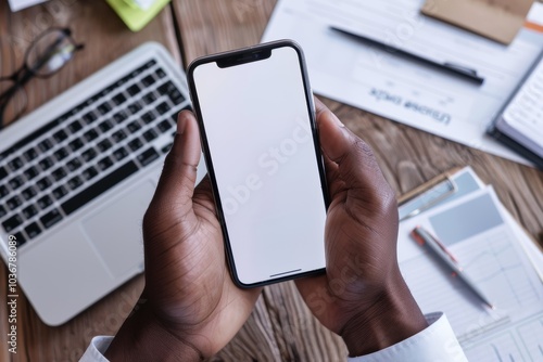 Professional using a mobile device for social media communication at a workspace. Engaging with a chat application, suitable for UX or UI design mockup