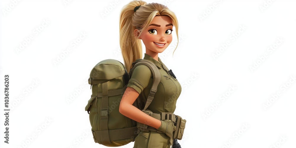 Cartoon Illustration of a Blonde Female Soldier with a Backpack Cartoon Illustration of a Blonde Female Soldier with a Backpack
