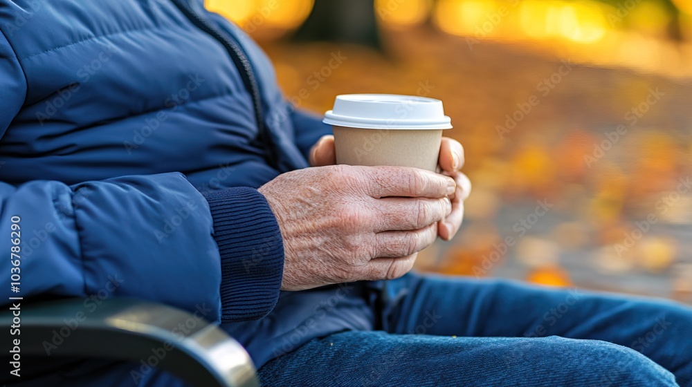 Middle-aged man with slight tremor holding cup of coffee on park bench, symbolizing struggle with Parkinson's disease, calm natural setting. Middle-aged man with slight tremor holding cup of coffee on park bench, symbolizing struggle with Parkinson's disease, calm natural setting.