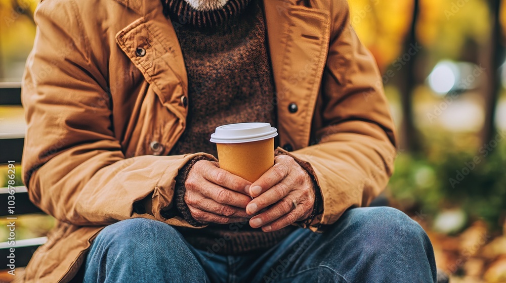 Middle-aged man with slight tremor holding cup of coffee on park bench, symbolizing struggle with Parkinson's disease, calm natural setting. Middle-aged man with slight tremor holding cup of coffee on park bench, symbolizing struggle with Parkinson's disease, calm natural setting.
