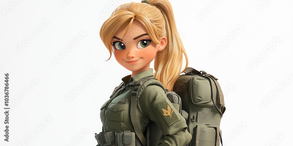 Cartoon Female Soldier with Backpack and Ponytail Cartoon Female Soldier with Backpack and Ponytail