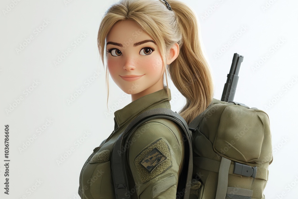 A Cartoon Woman in Military Gear with a Backpack A Cartoon Woman in Military Gear with a Backpack