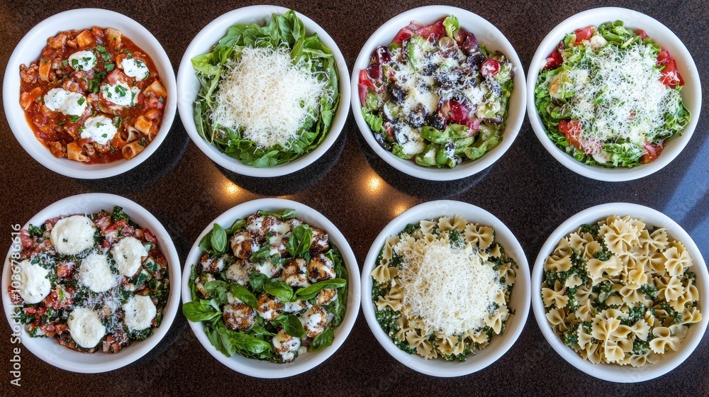 Various pasta shapes like penne and bow ties arranged on a rustic table, accompanied by savory sauces and a generous sprinkle of parmesan. Various pasta shapes like penne and bow ties arranged on a rustic table, accompanied by savory sauces and a generous sprinkle of parmesan.