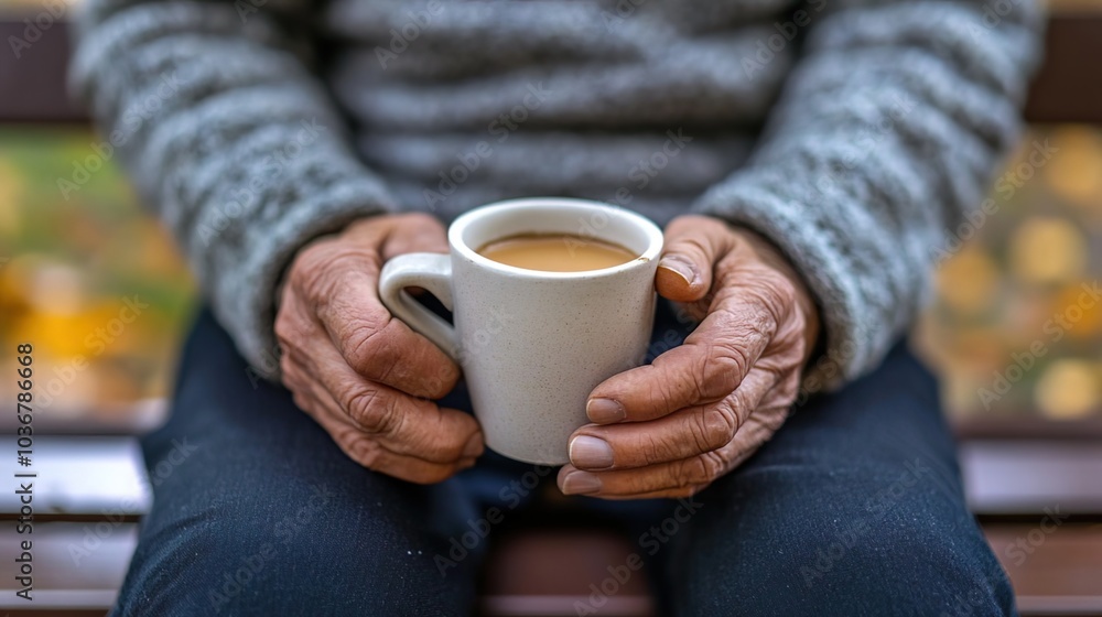 Middle-aged man with slight tremor holding cup of coffee on park bench, symbolizing struggle with Parkinson's disease, calm natural setting. Middle-aged man with slight tremor holding cup of coffee on park bench, symbolizing struggle with Parkinson's disease, calm natural setting.