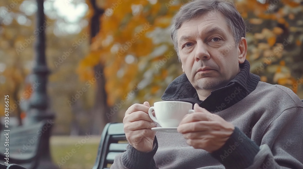 Middle-aged man with slight tremor holding cup of coffee on park bench, symbolizing struggle with Parkinson's disease, calm natural setting. Middle-aged man with slight tremor holding cup of coffee on park bench, symbolizing struggle with Parkinson's disease, calm natural setting.