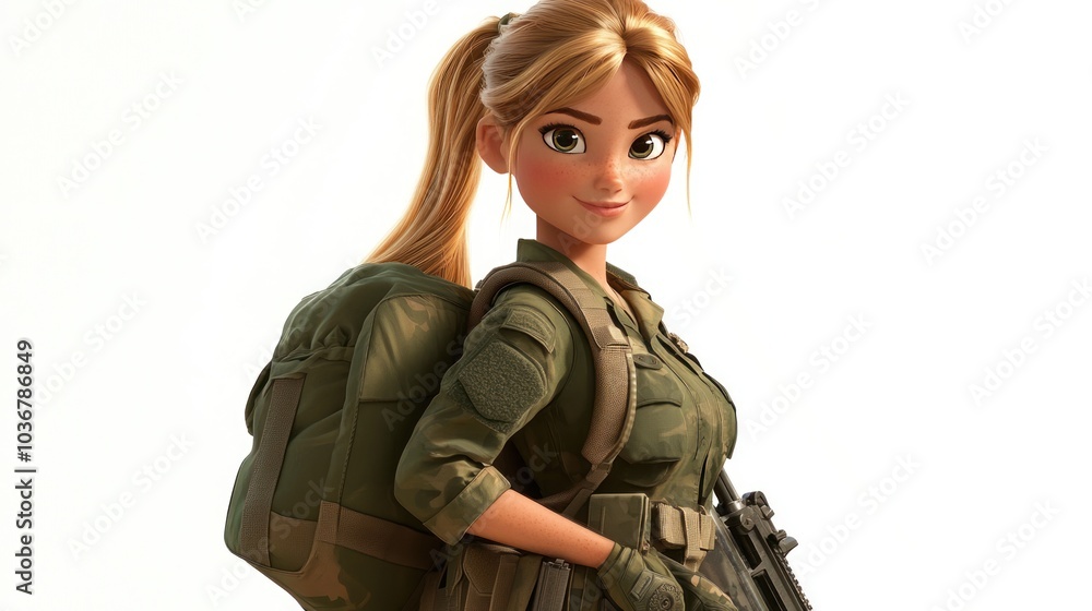 Cartoon Female Soldier in Camouflage with a Backpack Cartoon Female Soldier in Camouflage with a Backpack