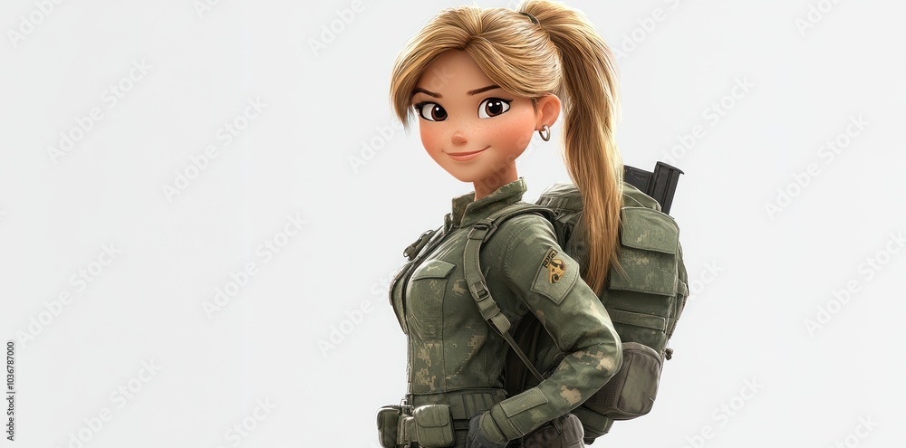 A Cartoon Female Soldier Wearing Camouflage Uniform with a Backpack A Cartoon Female Soldier Wearing Camouflage Uniform with a Backpack