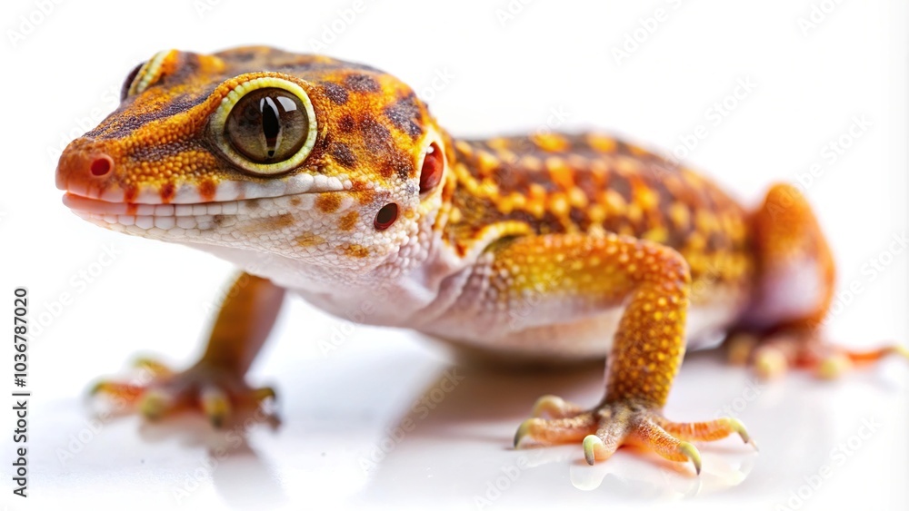 Forced perspective gecko lizard isolated on white background