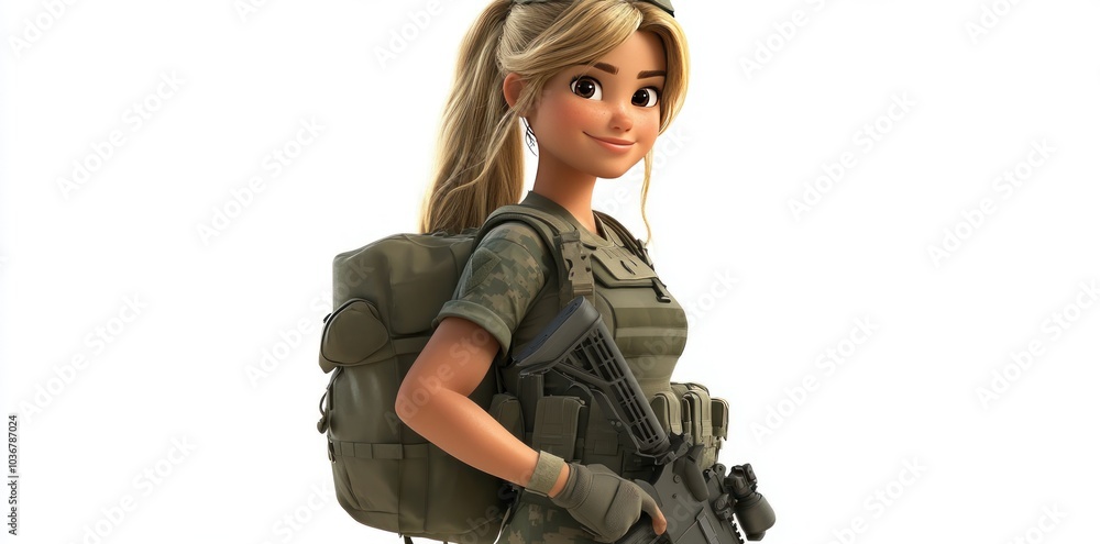 Cartoon Female Soldier Holding a Rifle and Wearing a Backpack Cartoon Female Soldier Holding a Rifle and Wearing a Backpack