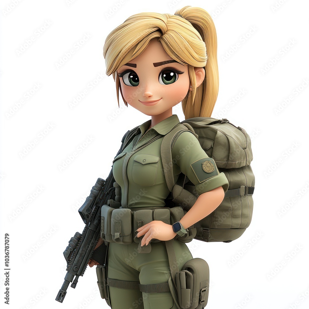 Cartoon Woman Soldier with Backpack and Rifle Cartoon Woman Soldier with Backpack and Rifle