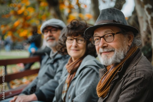 Group of elderly people sitting on bench in autumn park, looking at camera.