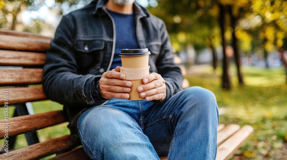 Middle-aged man with slight tremor holding cup of coffee on park bench, symbolizing struggle with Parkinson's disease, calm natural setting. Middle-aged man with slight tremor holding cup of coffee on park bench, symbolizing struggle with Parkinson's disease, calm natural setting.