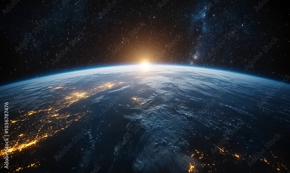 A breathtaking view of Earth from space, capturing the glowing horizon during sunrise, with stars twinkling in the background. A breathtaking view of Earth from space, capturing the glowing horizon during sunrise, with stars twinkling in the background.