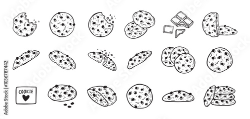 Chocolate chips cookie hand drawn doodle icon set. Drawing black and white sketch biscuit. Chocolate biscuit collection.