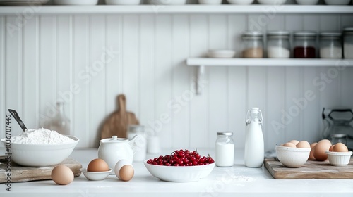 Wallpaper Mural A kitchen countertop with baking ingredients, including flour, eggs, milk, and cranberries. Torontodigital.ca