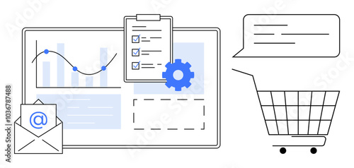 Various business tools notebook graph envelope cart message box combine to reflect e-commerce analysis communication productivity. Ideal for business analytics online shopping marketing communication