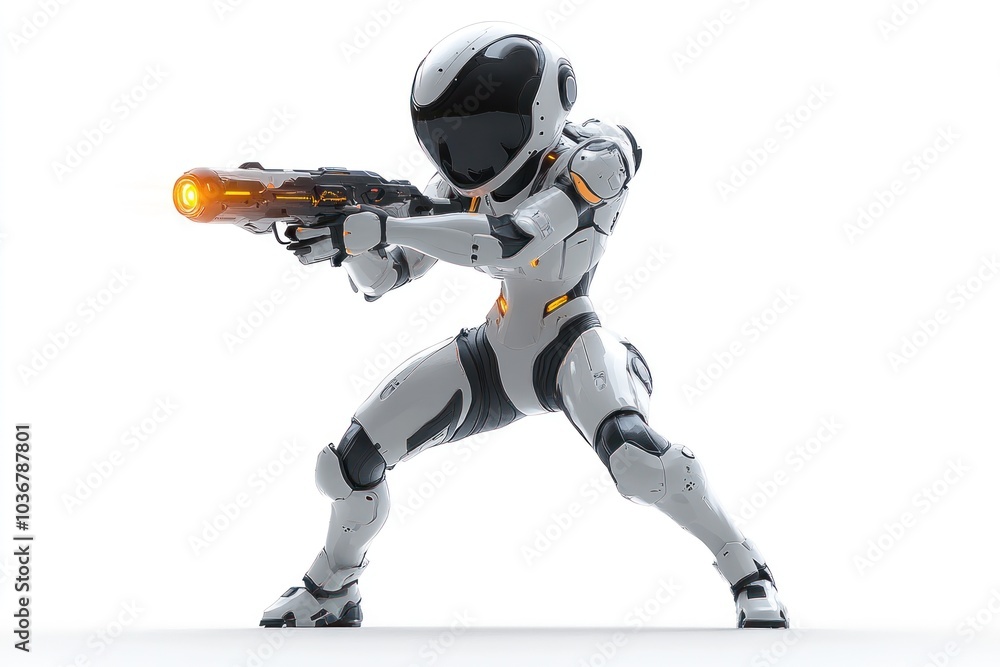 A futuristic robotic soldier aiming a weapon with an orange glow A futuristic robotic soldier aiming a weapon with an orange glow