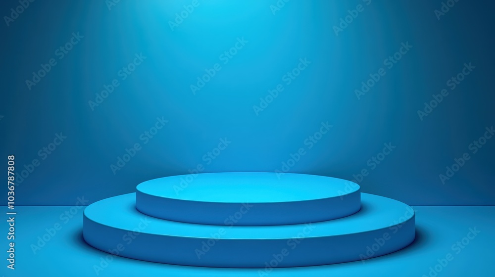 A simple blue podium with two steps on a blue background with a spotlight effect. A simple blue podium with two steps on a blue background with a spotlight effect.