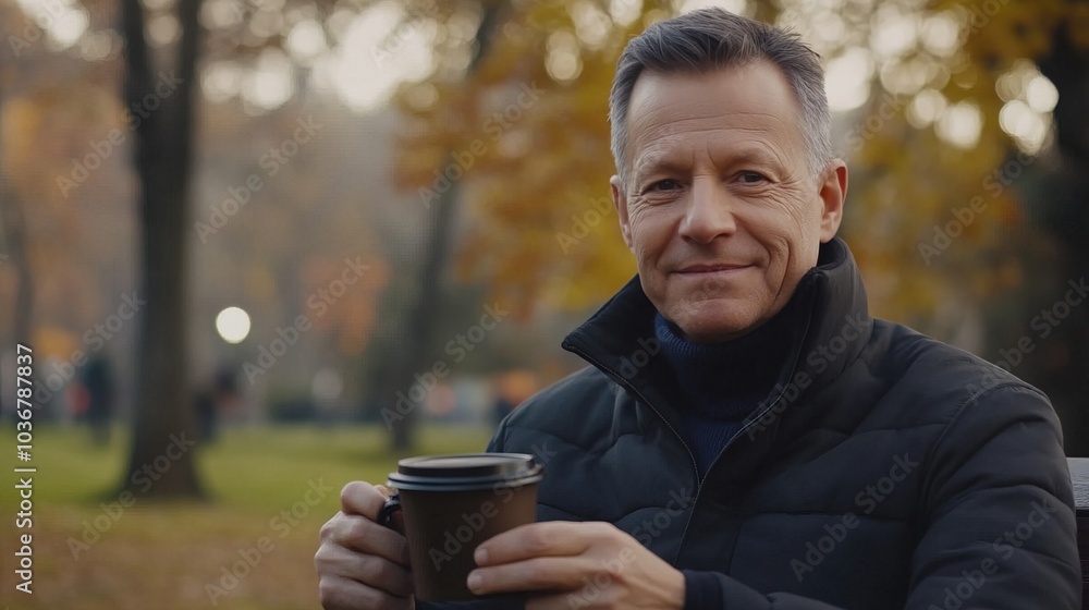 Middle-aged man with slight tremor holding cup of coffee on park bench, symbolizing struggle with Parkinson's disease, calm natural setting. Middle-aged man with slight tremor holding cup of coffee on park bench, symbolizing struggle with Parkinson's disease, calm natural setting.