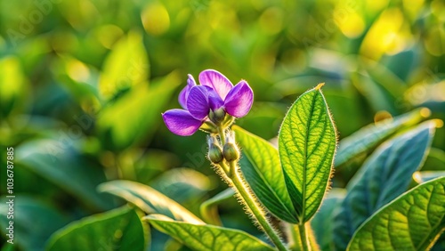 High angle macro shot of delicate purple flower on green soybean plant in field