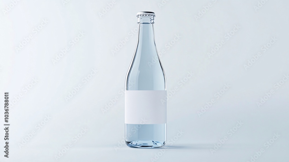 A clear glass bottle of water with a blank label on a seamless white background, perfect for product presentations and branding. A clear glass bottle of water with a blank label on a seamless white background, perfect for product presentations and branding.
