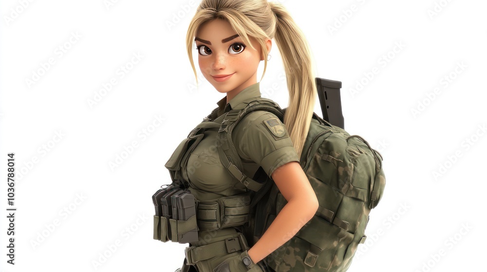 Cartoon Female Soldier in Military Gear with a Backpack Cartoon Female Soldier in Military Gear with a Backpack
