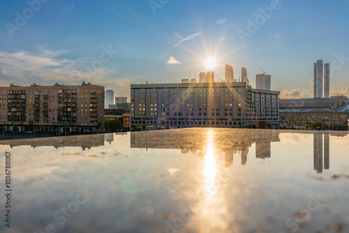 Photography View of Berezhkovskaya Embankment in Moscow with reflection on a mirror stone su