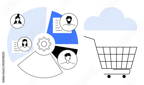 Pie chart with four user profiles next to a shopping cart and cloud icon Ideal for e-commerce user management cloud computing data analytics customer segmentation and digital marketing. Simple sleek