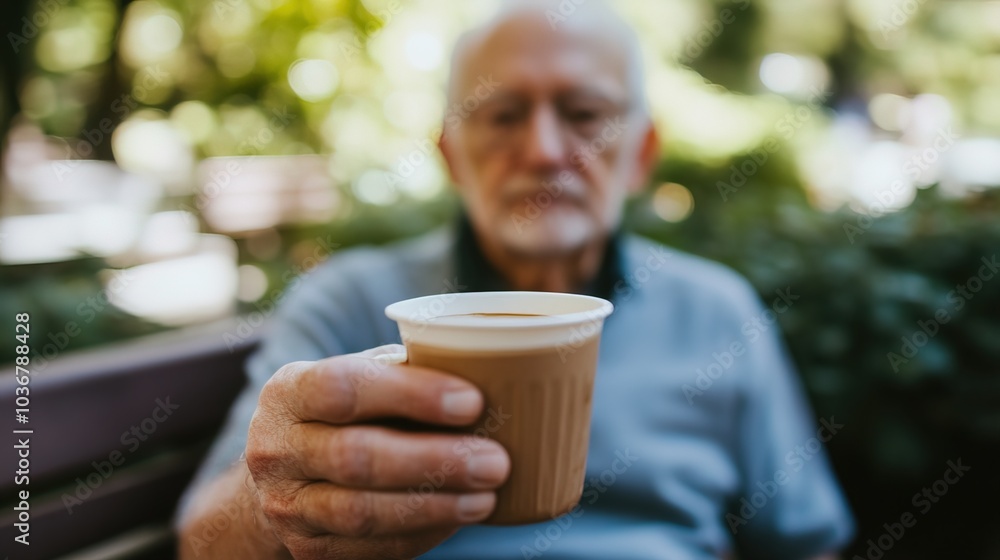 Middle-aged man with slight tremor holding cup of coffee on park bench, symbolizing struggle with Parkinson's disease, calm natural setting. Middle-aged man with slight tremor holding cup of coffee on park bench, symbolizing struggle with Parkinson's disease, calm natural setting.