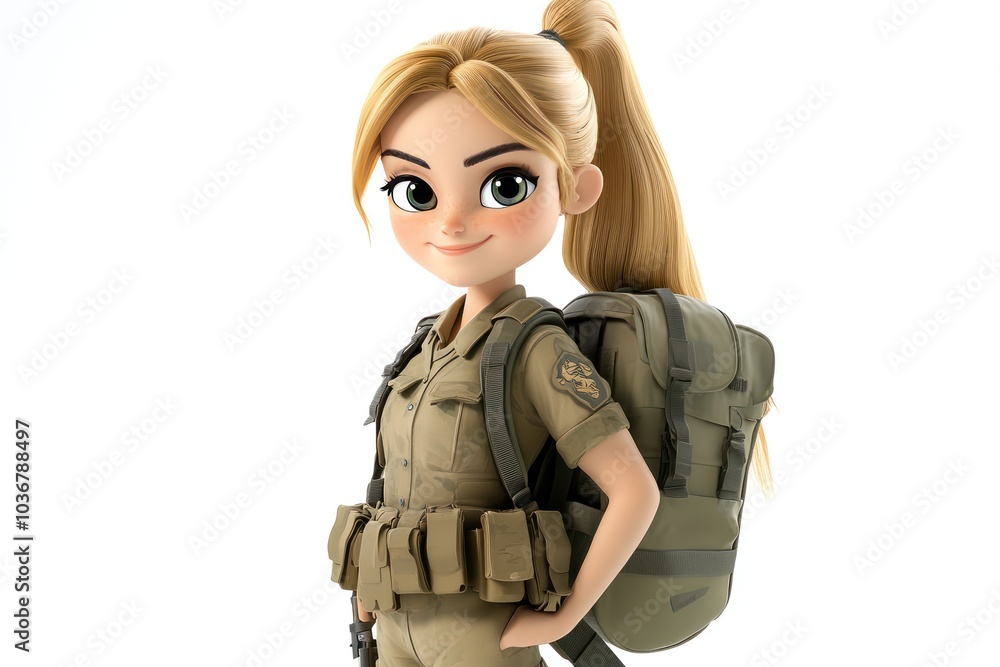 Cartoon Female Soldier in Camouflage Uniform with Backpack Cartoon Female Soldier in Camouflage Uniform with Backpack