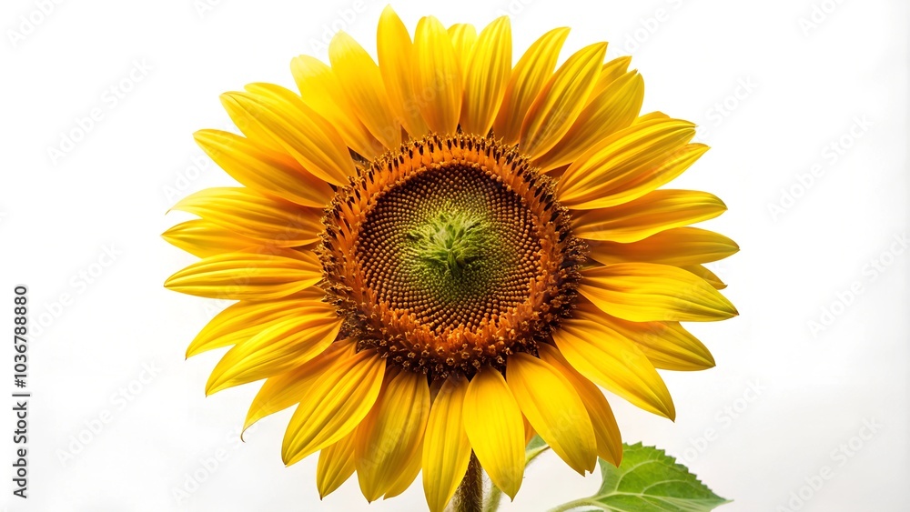 Naklejka premium A cheerful sunflower on a white background, featuring its large yellow petals and vibrant center.